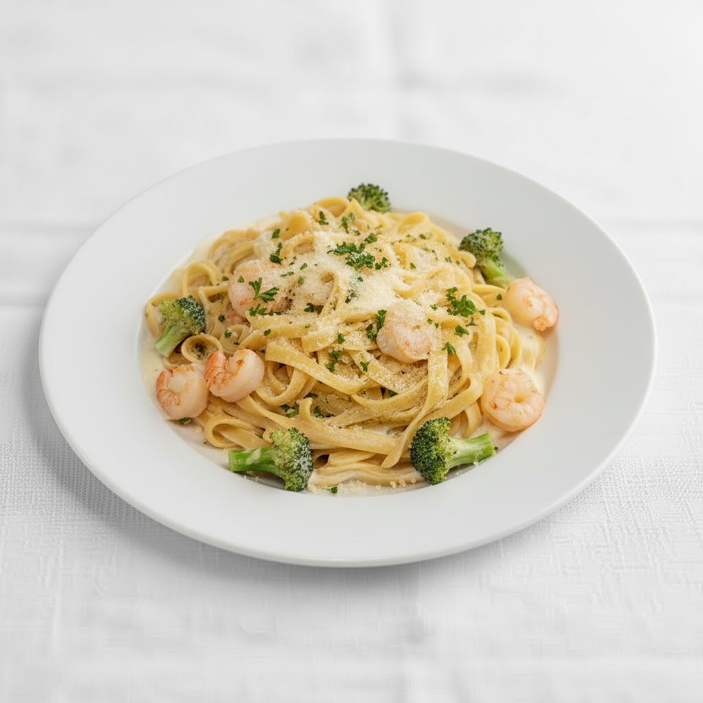 Shrimp & Broccoli Alfredo.